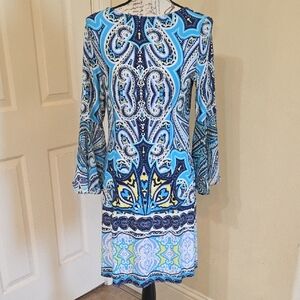 MSK Vibrant Blue and White Patterned Long Sleeve Dress